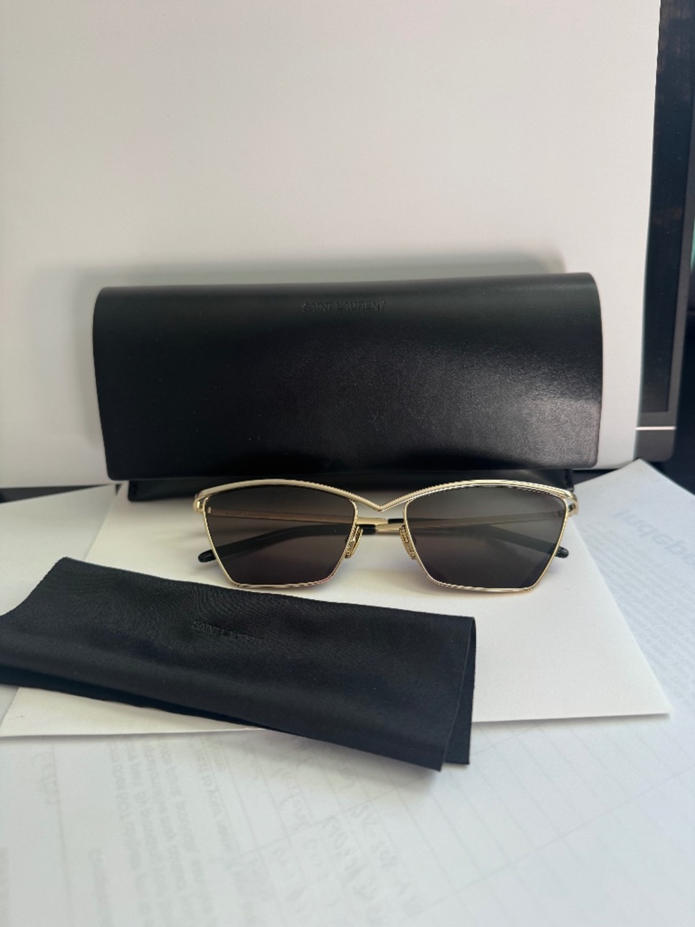 Saint Laurent SL 637 003 Gold Cat Eye Sunglasses 57-17-140 w/ Case